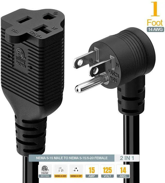 Alt view image 6 of 7 - 1FT Down Angle Nema 5-15P to 5-15R/5-20R 20Amp Comb AC Power Cord | ETL Listed 15Amp Household Plug to 20Amp T Blade Adapter Cable, 14AWG 20 to 15A Adapter Cord,15a to 20a Adapter, 1FT, Black