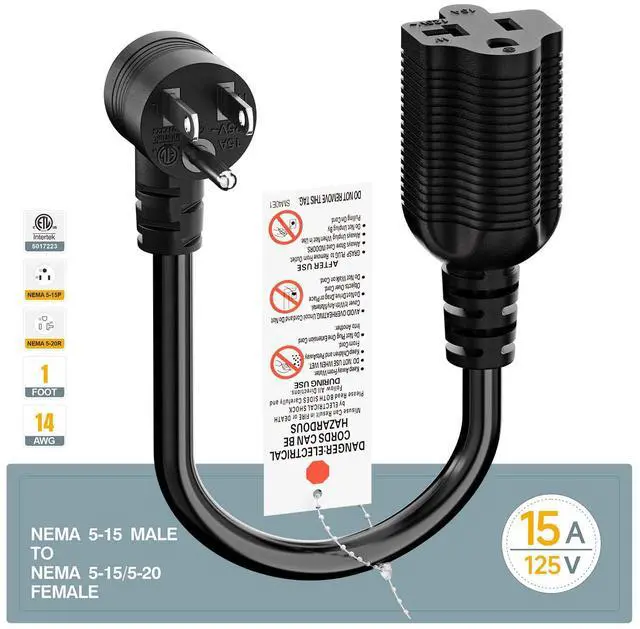 Alt view image 7 of 7 - 1FT Down Angle Nema 5-15P to 5-15R/5-20R 20Amp Comb AC Power Cord | ETL Listed 15Amp Household Plug to 20Amp T Blade Adapter Cable, 14AWG 20 to 15A Adapter Cord,15a to 20a Adapter, 1FT, Black