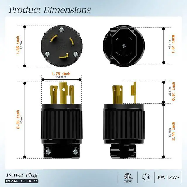 Alt view image 2 of 7 - (2PACK) NEMA L5-30P Locking Plug (ETL Listed) Twist Lock L5-30P 30Amp 125Volt AC Connector, Industrial Grade Lock in Male 30A/125V Plugs, Heavy Duty 125V,30A, 3750Watt Black