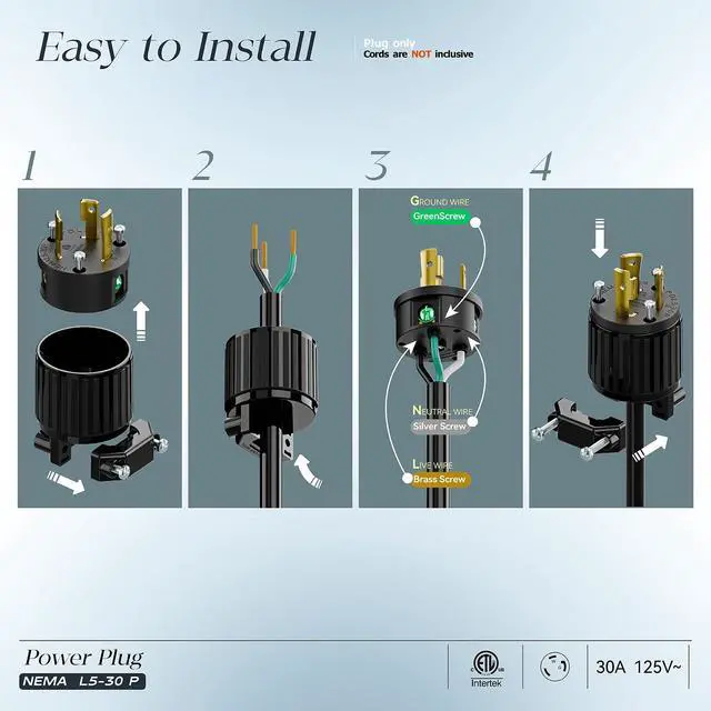 Alt view image 3 of 7 - (2PACK) NEMA L5-30P Locking Plug (ETL Listed) Twist Lock L5-30P 30Amp 125Volt AC Connector, Industrial Grade Lock in Male 30A/125V Plugs, Heavy Duty 125V,30A, 3750Watt Black