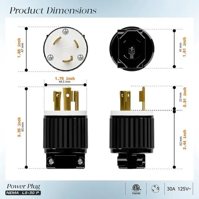 Alt view image 2 of 7 - NEMA L5-30P Locking Plug (ETL Listed) Twist Lock L5-30P 30Amp 125Volt AC Connector, Industrial Grade Lock in Male 30A/125V Plugs, Heavy Duty 125V,30A, 3750Watt Black/White