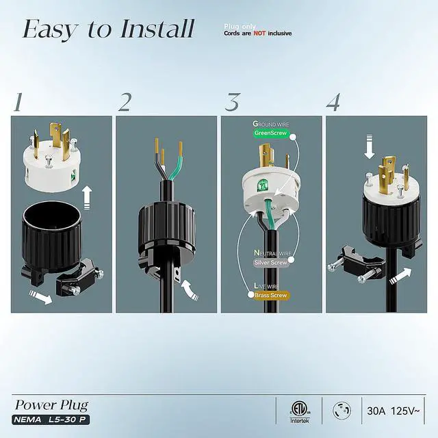 Alt view image 3 of 7 - NEMA L5-30P Locking Plug (ETL Listed) Twist Lock L5-30P 30Amp 125Volt AC Connector, Industrial Grade Lock in Male 30A/125V Plugs, Heavy Duty 125V,30A, 3750Watt Black/White