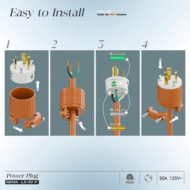 Alt view image 3 of 7 - NEMA L5-30P Locking Plug (ETL Listed) Twist Lock L5-30P 30Amp 125Volt AC Connector, Industrial Grade Lock in Male 30A/125V Plugs, Heavy Duty 125V,30A, 3750Watt Orange