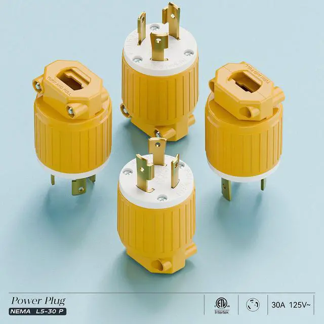 Alt view image 6 of 7 - (2PACK) NEMA L5-30P Locking Plug (ETL Listed) Twist Lock L5-30P 30Amp 125Volt AC Connector, Industrial Grade Lock in Male 30A/125V Plugs, Heavy Duty 125V,30A, 3750Watt Yellow