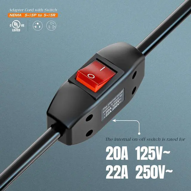 Alt view image 2 of 7 - Inline On/Off Switch Extension Cord, Plugrand 3-Prong Household Switch Cord | Heavy Duty 15A 125V Power Cord, Double Break 5-15P Switch Extension Cable, 40CM Cord
