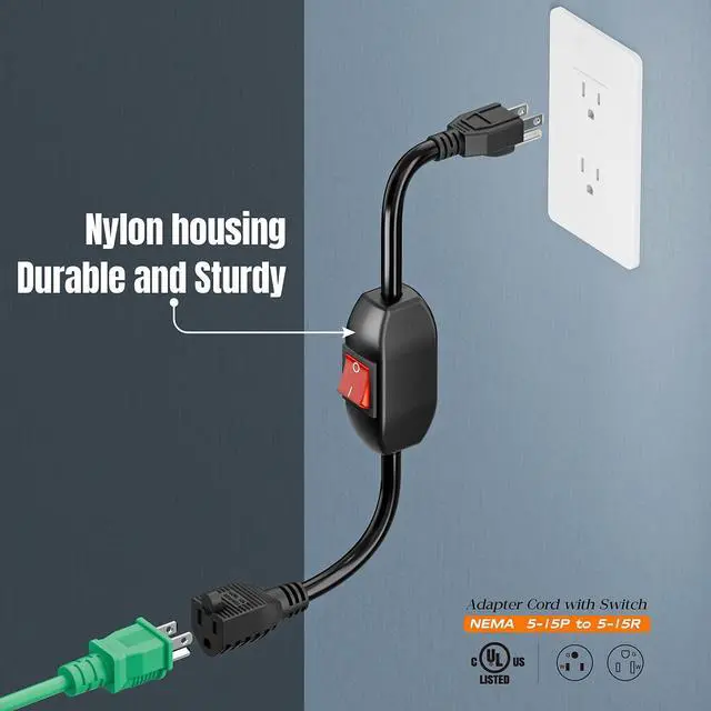 Alt view image 3 of 7 - Inline On/Off Switch Extension Cord, Plugrand 3-Prong Household Switch Cord | Heavy Duty 15A 125V Power Cord, Double Break 5-15P Switch Extension Cable, 40CM Cord