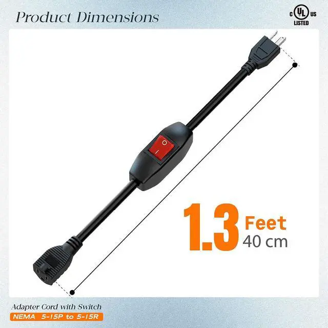 Alt view image 4 of 7 - Inline On/Off Switch Extension Cord, Plugrand 3-Prong Household Switch Cord | Heavy Duty 15A 125V Power Cord, Double Break 5-15P Switch Extension Cable, 40CM Cord