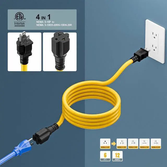 Alt view image 6 of 7 - Plugrnad 4 in 1 NEMA 5-15P to 5-15R/ 5-20R/ 6-15R/ 6-20R AC Adapter, 6FT | 12AWG 15 Amp Household AC Plug to 20 Amp T Blade Adapter Cord, 15A 125V to 20A 250V Extension Cable, 6FT