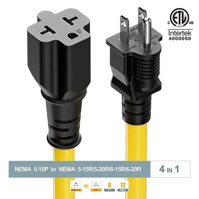 Alt view image 7 of 7 - Plugrnad 4 in 1 NEMA 5-15P to 5-15R/ 5-20R/ 6-15R/ 6-20R AC Adapter, 6FT | 12AWG 15 Amp Household AC Plug to 20 Amp T Blade Adapter Cord, 15A 125V to 20A 250V Extension Cable, 6FT