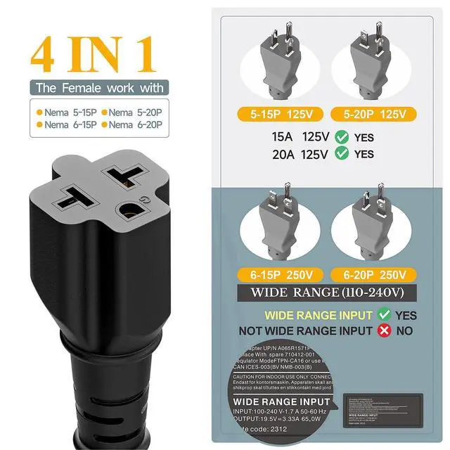Alt view image 2 of 7 - NEMA 5-15P to 5-15R/ 5-20R/ 6-15R/ 6-20R AC Adapter, 15FT | 12AWG 15 Amp Household AC Plug to 20 Amp T Blade Adapter Cable, 15A 125V to 20A 250V Extension Cable, 15 FT, Black