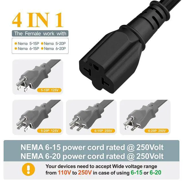 Alt view image 3 of 7 - NEMA 5-15P to 5-15R/ 5-20R/ 6-15R/ 6-20R AC Adapter, 15FT | 12AWG 15 Amp Household AC Plug to 20 Amp T Blade Adapter Cable, 15A 125V to 20A 250V Extension Cable, 15 FT, Black
