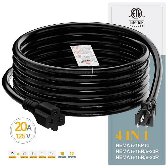 Alt view image 4 of 7 - NEMA 5-15P to 5-15R/ 5-20R/ 6-15R/ 6-20R AC Adapter, 15FT | 12AWG 15 Amp Household AC Plug to 20 Amp T Blade Adapter Cable, 15A 125V to 20A 250V Extension Cable, 15 FT, Black