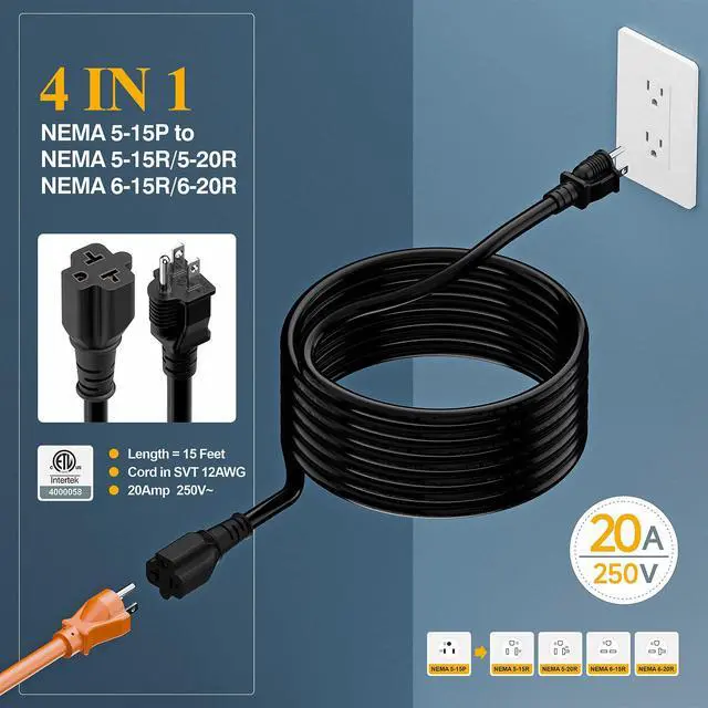 Alt view image 5 of 7 - NEMA 5-15P to 5-15R/ 5-20R/ 6-15R/ 6-20R AC Adapter, 15FT | 12AWG 15 Amp Household AC Plug to 20 Amp T Blade Adapter Cable, 15A 125V to 20A 250V Extension Cable, 15 FT, Black