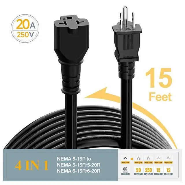 Alt view image 6 of 7 - NEMA 5-15P to 5-15R/ 5-20R/ 6-15R/ 6-20R AC Adapter, 15FT | 12AWG 15 Amp Household AC Plug to 20 Amp T Blade Adapter Cable, 15A 125V to 20A 250V Extension Cable, 15 FT, Black