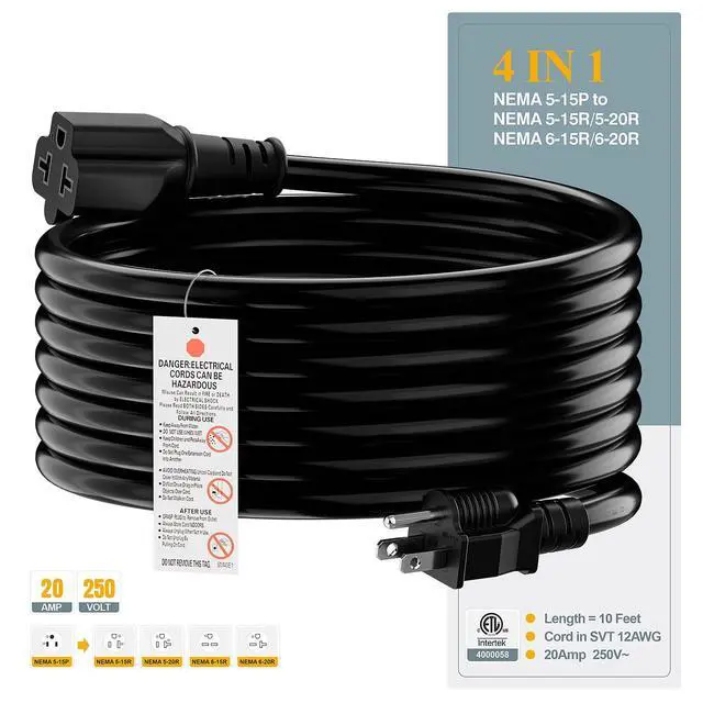 Alt view image 7 of 7 - NEMA 5-15P to 5-15R/ 5-20R/ 6-15R/ 6-20R AC Adapter, 15FT | 12AWG 15 Amp Household AC Plug to 20 Amp T Blade Adapter Cable, 15A 125V to 20A 250V Extension Cable, 15 FT, Black