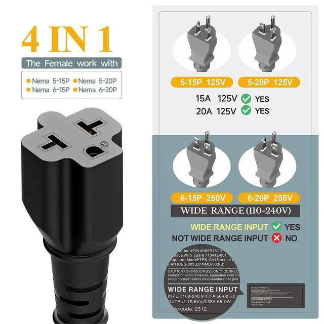 Alt view image 2 of 7 - NEMA 5-15P to 5-15R/ 5-20R/ 6-15R/ 6-20R AC Adapter Cord, 3FT | NEMA 5-15P Extension Cord, 12AWG 15 Amp to 20 Amp T Blade Adapter Cable, 15A 125V to 20A 250V Extension Cord, Black