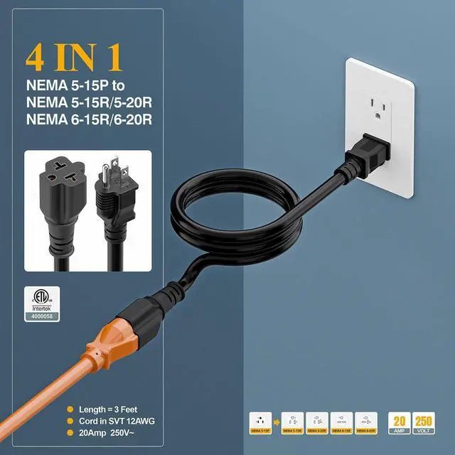 Alt view image 4 of 7 - NEMA 5-15P to 5-15R/ 5-20R/ 6-15R/ 6-20R AC Adapter Cord, 3FT | NEMA 5-15P Extension Cord, 12AWG 15 Amp to 20 Amp T Blade Adapter Cable, 15A 125V to 20A 250V Extension Cord, Black