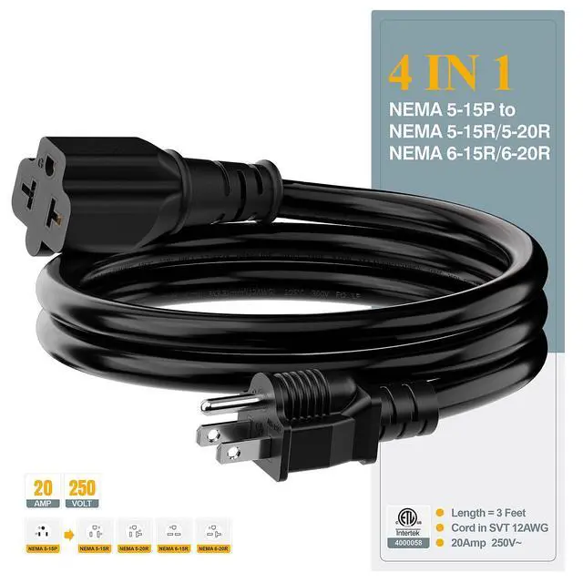 Alt view image 5 of 7 - NEMA 5-15P to 5-15R/ 5-20R/ 6-15R/ 6-20R AC Adapter Cord, 3FT | NEMA 5-15P Extension Cord, 12AWG 15 Amp to 20 Amp T Blade Adapter Cable, 15A 125V to 20A 250V Extension Cord, Black