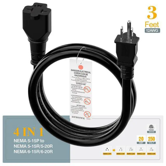Alt view image 6 of 7 - NEMA 5-15P to 5-15R/ 5-20R/ 6-15R/ 6-20R AC Adapter Cord, 3FT | NEMA 5-15P Extension Cord, 12AWG 15 Amp to 20 Amp T Blade Adapter Cable, 15A 125V to 20A 250V Extension Cord, Black