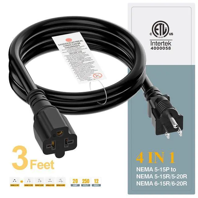 Alt view image 7 of 7 - NEMA 5-15P to 5-15R/ 5-20R/ 6-15R/ 6-20R AC Adapter Cord, 3FT | NEMA 5-15P Extension Cord, 12AWG 15 Amp to 20 Amp T Blade Adapter Cable, 15A 125V to 20A 250V Extension Cord, Black