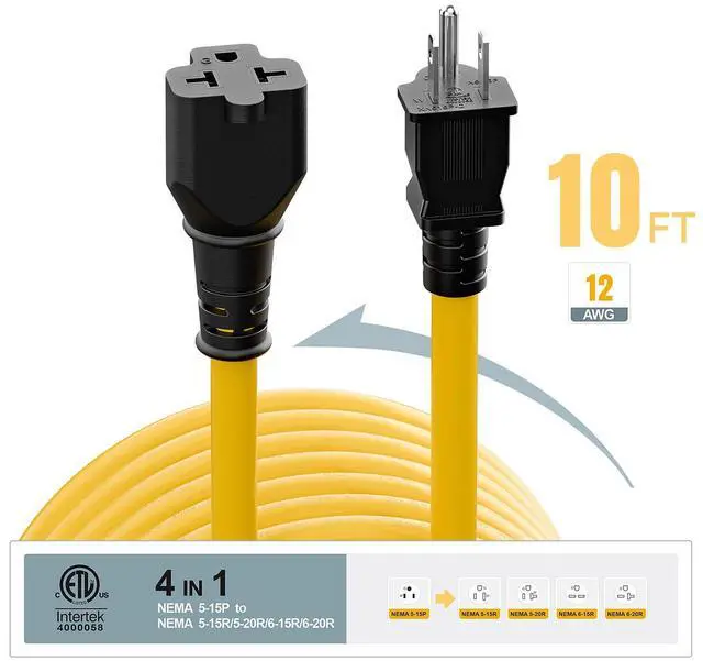 Alt view image 4 of 7 - NEMA 5-15P to 5-15R/ 5-20R/ 6-15R/ 6-20R AC Adapter, 10FT | 12AWG 15 Amp Household AC Plug to 20 Amp T Blade Adapter Cable, 15A 125V to 20A 250V Extension Cable, 10 FT