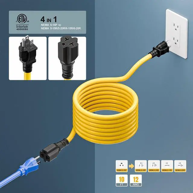 Alt view image 5 of 7 - NEMA 5-15P to 5-15R/ 5-20R/ 6-15R/ 6-20R AC Adapter, 10FT | 12AWG 15 Amp Household AC Plug to 20 Amp T Blade Adapter Cable, 15A 125V to 20A 250V Extension Cable, 10 FT