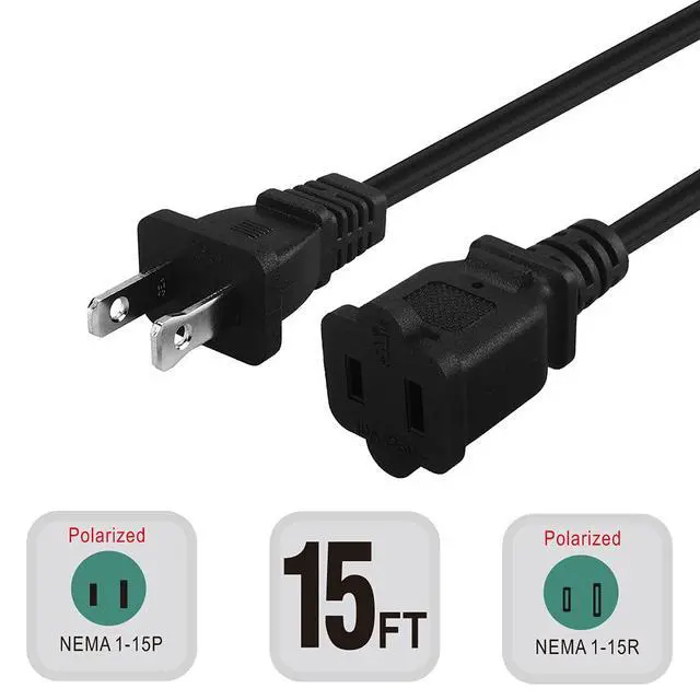 Alt view image 2 of 6 - 15-Feet Long Polarized US 2 Prong Male-Female Extension Power Cord Cable | 16AWG 2 Outlet Extension Cable Cord US AC 2-Prong Male/Female Power cable 10A/125V, Nema 1-15P to 1-15R Cable Polarized