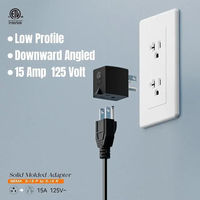 Alt view image 4 of 6 - ETL Listed 90 Degree NEMA 5-15P USA 3 Prong Male-Female Adapter | 90 Degree Downward Angled USA Male to Female Power Adapter, 5-15P to 5-15R Direction Changer Space Save, Black, PA-0170D