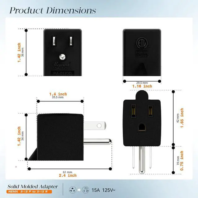 Alt view image 3 of 6 - ETL Listed 90 Degree NEMA 5-15P USA 3 Prong Male-Female Adapter | 90 Degree Downward Angled USA Male to Female Power Adapter, 5-15P to 5-15R Direction Changer Space Save, Black, PA-0170D