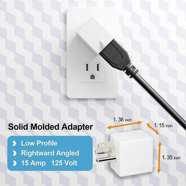 Alt view image 2 of 7 - 90 Degree 3 Prong NEMA 5-15P Adapter, Plugrand ETL Listed 15Amp Adapter | Right Angle USA 3 Prong Male to Female Adapter, USA Power adapter, 5-15P to 5-15R Direction Changer Space Save Plug, White
