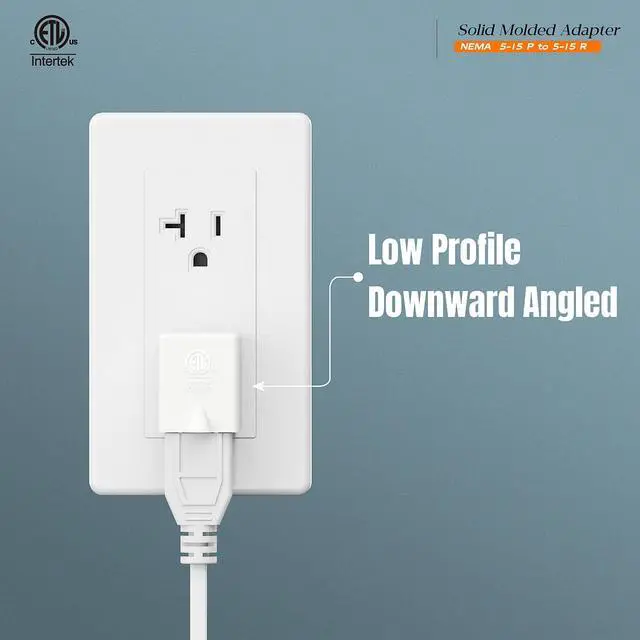 Alt view image 2 of 6 - Angled 3 Prong Adapter, ETL Listed Downward NEMA 5-15P Male-Female Adaptor | 90 Degree Downward USA Male to Female Power Adapter, Angled 5-15P to 5-15R Direction Changer Space Save, White, PA-0170D
