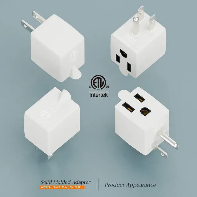 Alt view image 5 of 6 - Angled 3 Prong Adapter, ETL Listed Downward NEMA 5-15P Male-Female Adaptor | 90 Degree Downward USA Male to Female Power Adapter, Angled 5-15P to 5-15R Direction Changer Space Save, White, PA-0170D