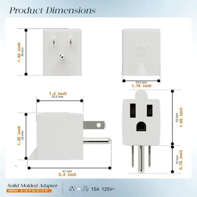 Alt view image 4 of 6 - Angled 3 Prong Adapter, ETL Listed Downward NEMA 5-15P Male-Female Adaptor | 90 Degree Downward USA Male to Female Power Adapter, Angled 5-15P to 5-15R Direction Changer Space Save, White, PA-0170D