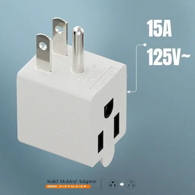 Alt view image 6 of 6 - Angled 3 Prong Adapter, ETL Listed Downward NEMA 5-15P Male-Female Adaptor | 90 Degree Downward USA Male to Female Power Adapter, Angled 5-15P to 5-15R Direction Changer Space Save, White, PA-0170D