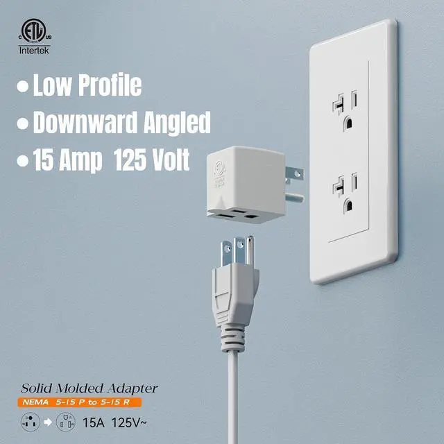Alt view image 3 of 6 - Angled 3 Prong Adapter, ETL Listed Downward NEMA 5-15P Male-Female Adaptor | 90 Degree Downward USA Male to Female Power Adapter, Angled 5-15P to 5-15R Direction Changer Space Save, White, PA-0170D