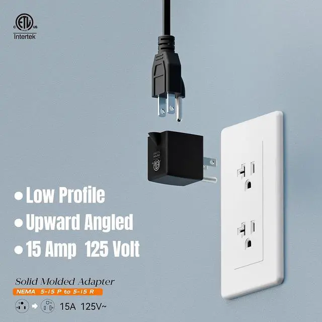 Alt view image 3 of 7 - 90 Degree Adapter Upward Angled, Plugrand USA 3-Prong Male-Female Adapter | ETL Verified 90 Degree Angled USA Male Female Plug, NEMA 5-15P to 5-15R Direction Changer Space Save Plug, Black PA-0170U
