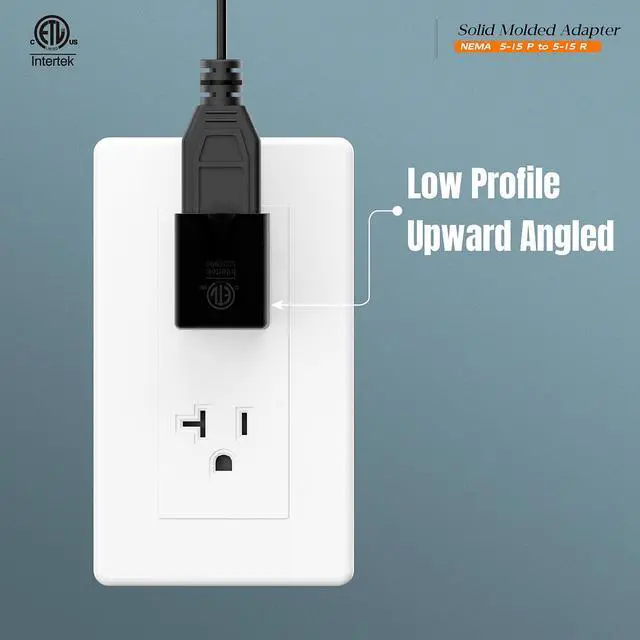 Alt view image 4 of 7 - 90 Degree Adapter Upward Angled, Plugrand USA 3-Prong Male-Female Adapter | ETL Verified 90 Degree Angled USA Male Female Plug, NEMA 5-15P to 5-15R Direction Changer Space Save Plug, Black PA-0170U