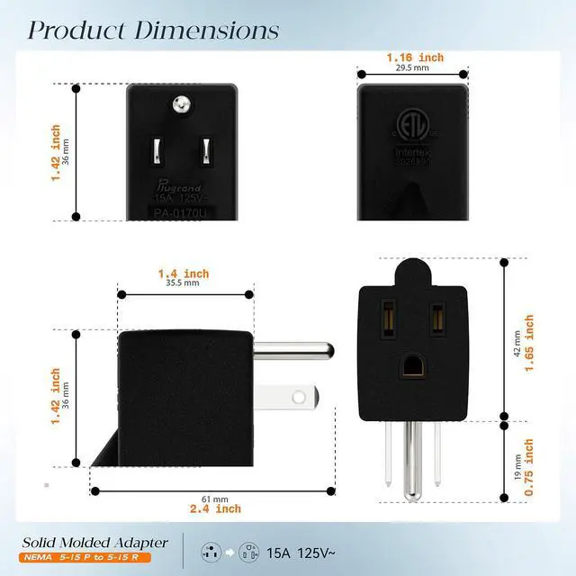 Alt view image 6 of 7 - 90 Degree Adapter Upward Angled, Plugrand USA 3-Prong Male-Female Adapter | ETL Verified 90 Degree Angled USA Male Female Plug, NEMA 5-15P to 5-15R Direction Changer Space Save Plug, Black PA-0170U