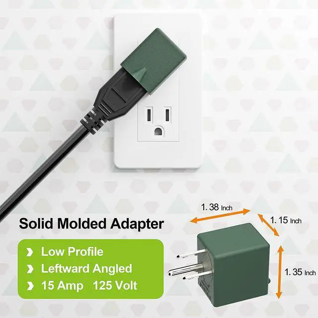 Alt view image 2 of 7 - ETL Listed 90 Degree Adapter, Plugrand Leftward 5-15P to 5-15R Power Plug | Angled USA Male to Female Adapter, Left Direction NEMA 5-15P Changer Space Save Converter, Green PA-0170L45G