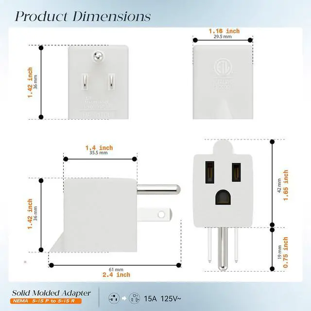 Alt view image 5 of 7 - 90 Degree NEMA 5-15P Adapter, Plugrand Upward Angled 3-Prong Adapter | ETL Listed 3-Prong Male to Female Adapter, 90 Degree 15AMP Converter, 5-15P to 5-15R Direction Changer Space Save Converter