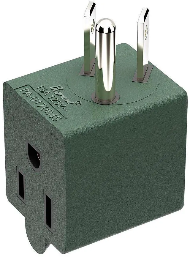 Main image of 90 Degree 3 Prong Adapter, Plugrand ETL Listed NEMA 5-15P to 5-15R Adapter | Right Angle USA Male to Female Power Plug, Right Direction Changer Space Save 5-15P Converter, Green PA-0170R45G