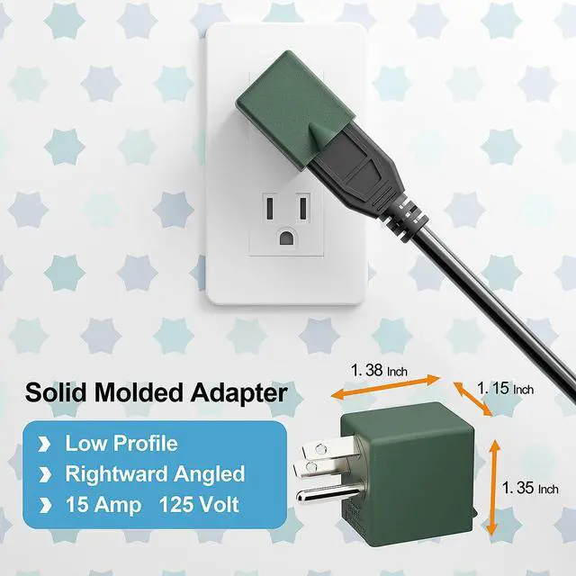Alt view image 2 of 7 - 90 Degree 3 Prong Adapter, Plugrand ETL Listed NEMA 5-15P to 5-15R Adapter | Right Angle USA Male to Female Power Plug, Right Direction Changer Space Save 5-15P Converter, Green PA-0170R45G