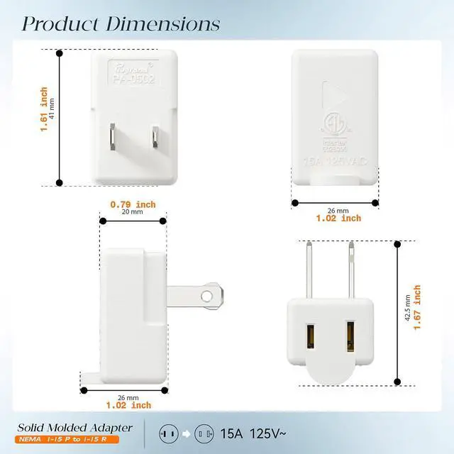 Alt view image 2 of 7 - Polarized 2-Prong L Type Adapter, Plugrand Vertical Down Angle AC Adapter | ETL Verified NEMA 1-15P USA Outlet Saver Extension Adapter, High Heat Resistant 2Pin Adapters, White