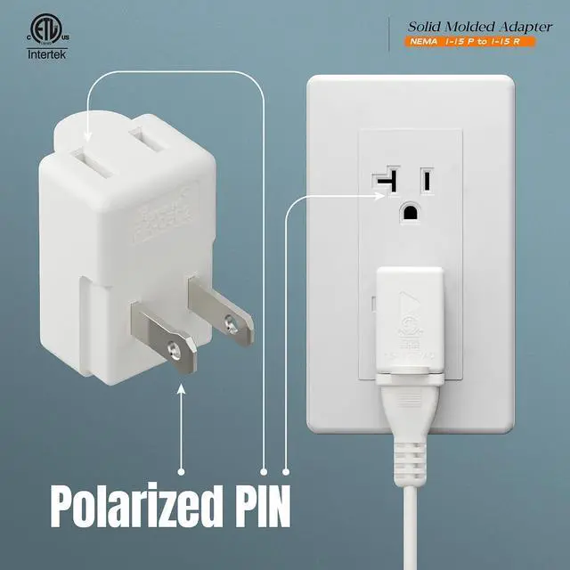 Alt view image 3 of 7 - Polarized 2-Prong L Type Adapter, Plugrand Vertical Down Angle AC Adapter | ETL Verified NEMA 1-15P USA Outlet Saver Extension Adapter, High Heat Resistant 2Pin Adapters, White