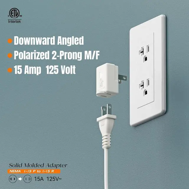 Alt view image 4 of 7 - Polarized 2-Prong L Type Adapter, Plugrand Vertical Down Angle AC Adapter | ETL Verified NEMA 1-15P USA Outlet Saver Extension Adapter, High Heat Resistant 2Pin Adapters, White