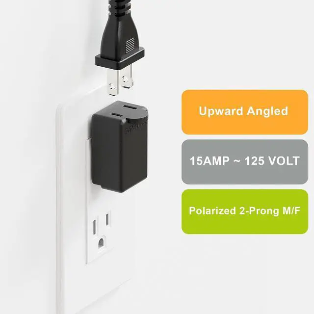 Alt view image 4 of 7 - Right Angle Adapter,2-Prong 90 Degree Upward Angled AC Adapter, Polarized 2-Prong L Type Adapter, Vertical Right Angled Down Angle Power Adapter, PA-0507B Black Color