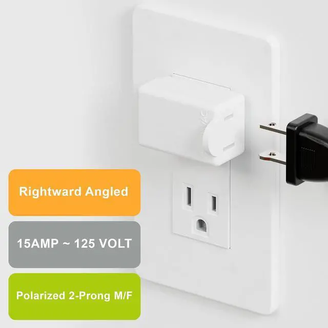 Alt view image 3 of 7 - Polarized 2 Prong Adapter, Plugrand 1-15P to 1-15R L Type Angled AC Adapter | ETL LIESTED 2 Pin Right Angled Adapter, NEMA 1-15P USA Outlet Space Saver Extension Adapters, White