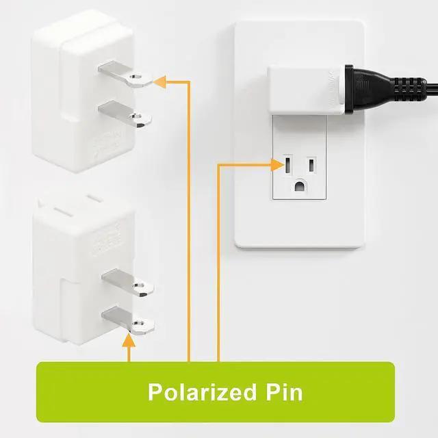 Alt view image 4 of 7 - Polarized 2 Prong Adapter, Plugrand 1-15P to 1-15R L Type Angled AC Adapter | ETL LIESTED 2 Pin Right Angled Adapter, NEMA 1-15P USA Outlet Space Saver Extension Adapters, White
