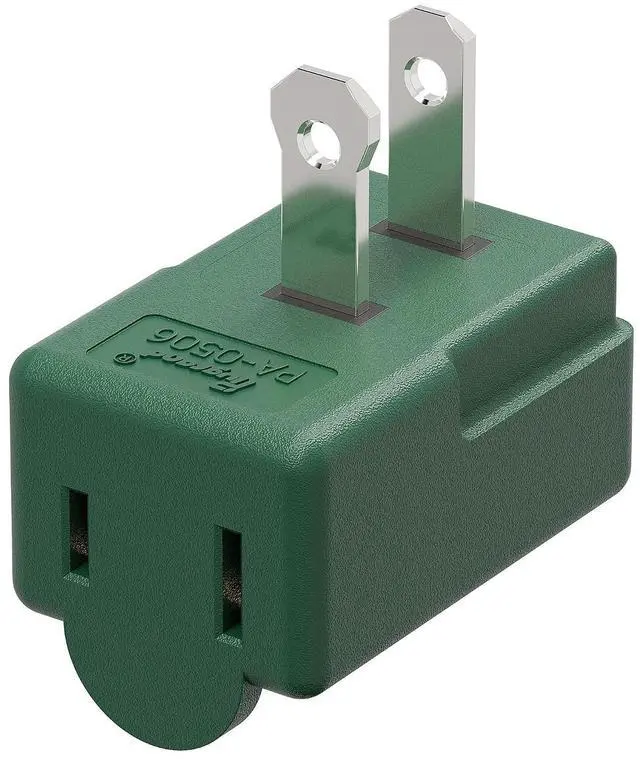 Main image of 2 Prong 90 Degree AC Adapter, Plugrand NEMA 1-15P to 1-15R Left Angled Adapter, Polarized 2 Prong L Type Adapter, Vertical NEMA 2 Pin Power Adapter, PA-0506G Green Color