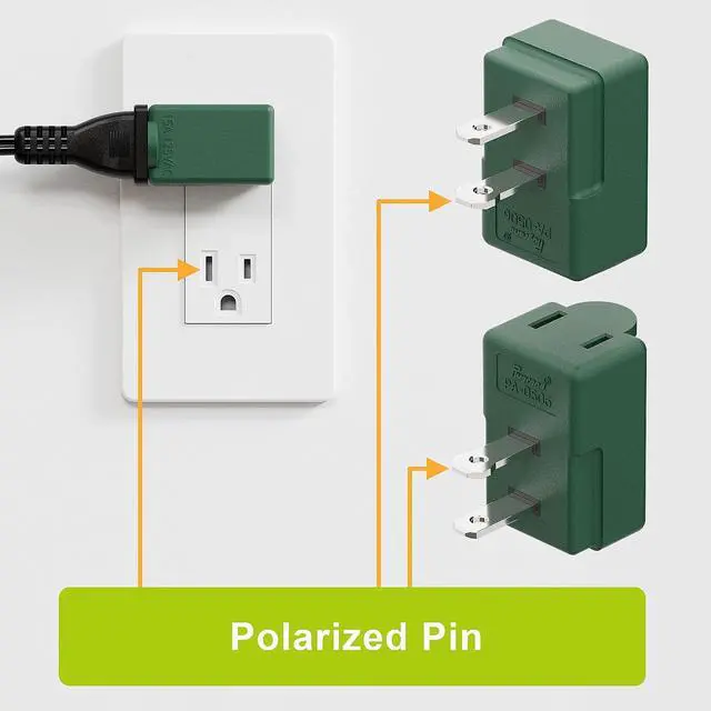 Alt view image 3 of 7 - 2 Prong 90 Degree AC Adapter, Plugrand NEMA 1-15P to 1-15R Left Angled Adapter, Polarized 2 Prong L Type Adapter, Vertical NEMA 2 Pin Power Adapter, PA-0506G Green Color
